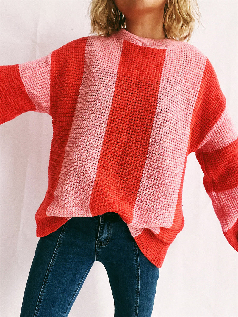 Color Block Round Neck Long Sleeve Sweater