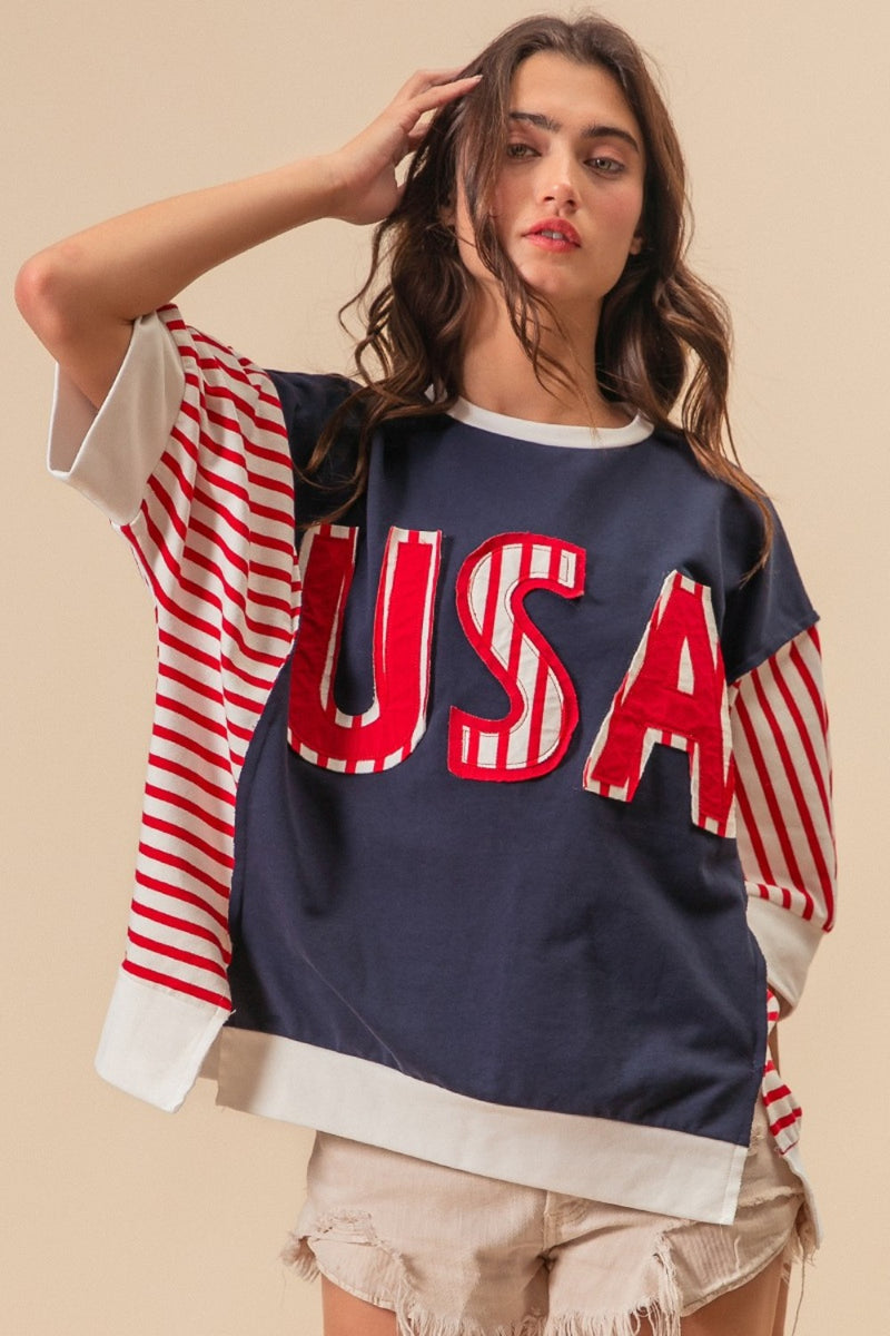 BiBi USA Letter Patchwork Contrast Short Sleeve T-Shirt