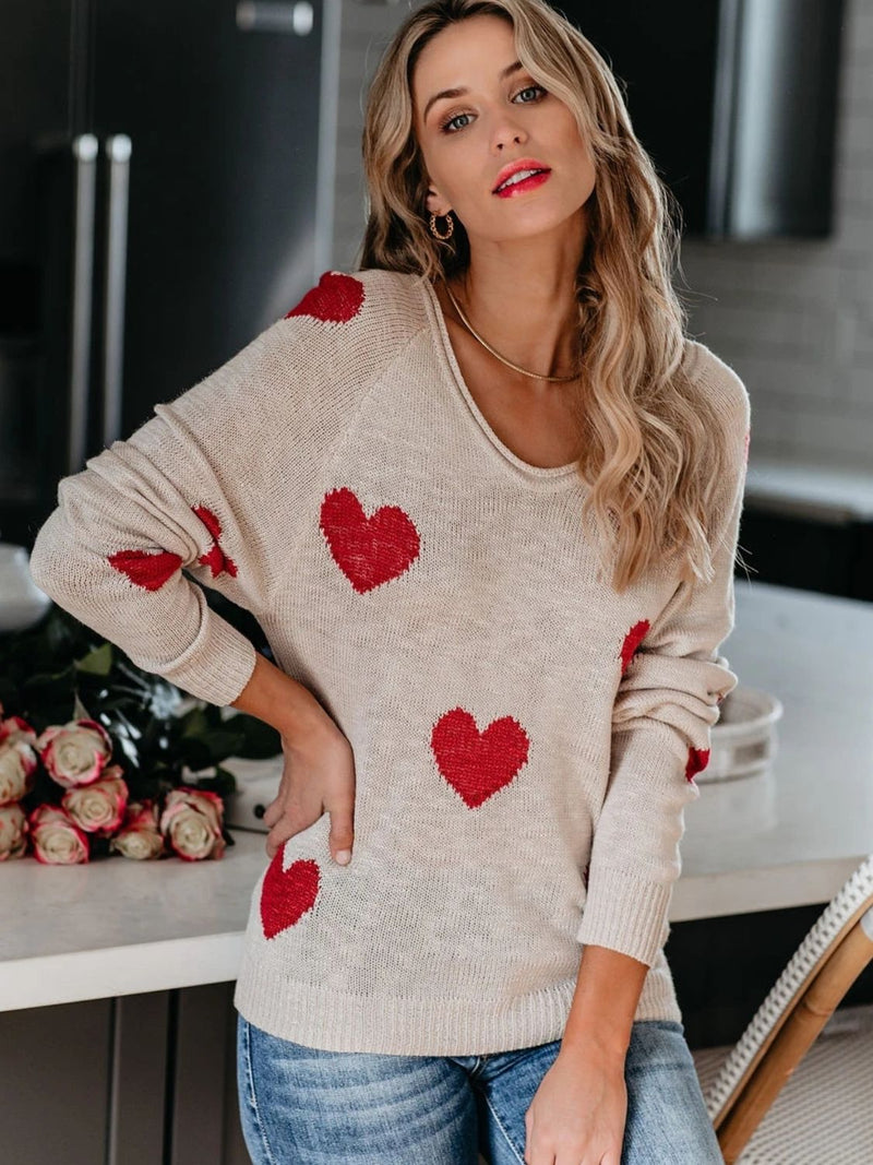 Heart Scoop Neck Long Sleeve Sweater