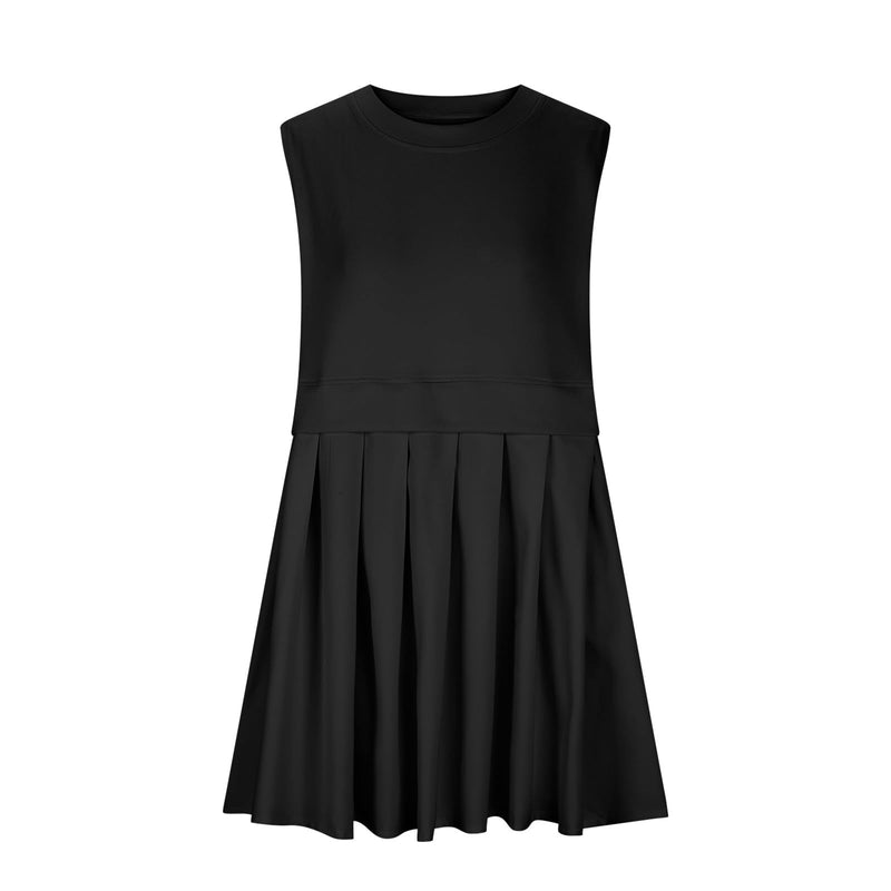 Pleated Round Neck Sleeveless Mini Dress