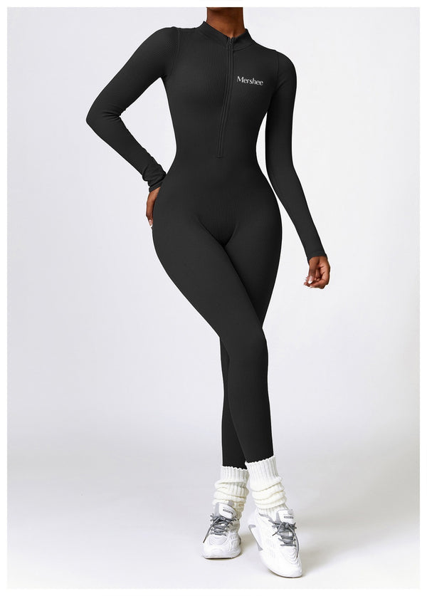 Women`s Basic Plain Zipper Mock Neck Longsleeves Shapewear Bodysuit