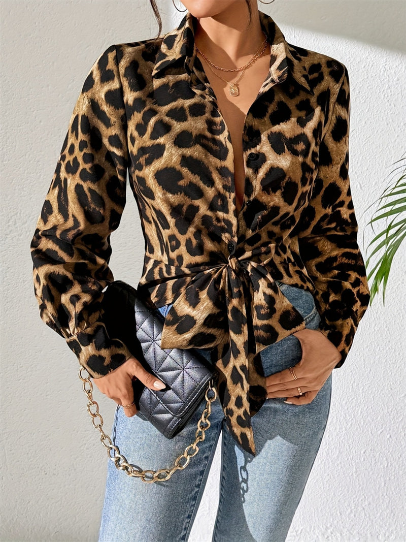 Leopard Collared Neck Long Sleeve Shirt