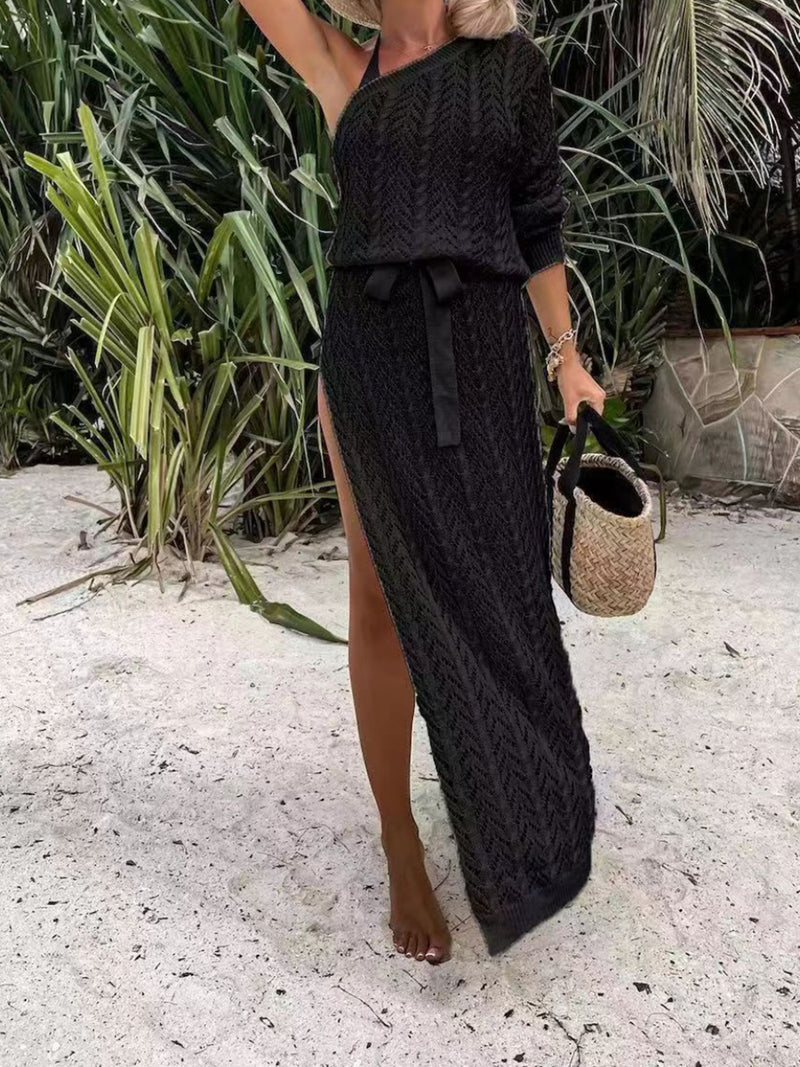 Slit Openwork Single Shoulder Knit Dress